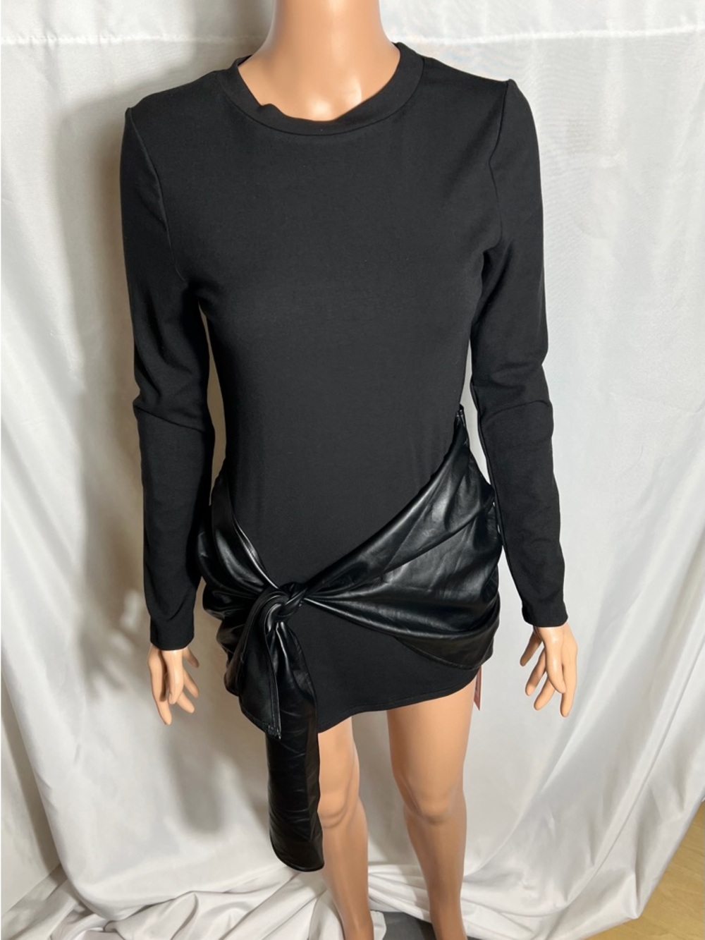 Micas Black Long Sleeve Mini Dress Faux Leather Tie Detail Size M New Chic